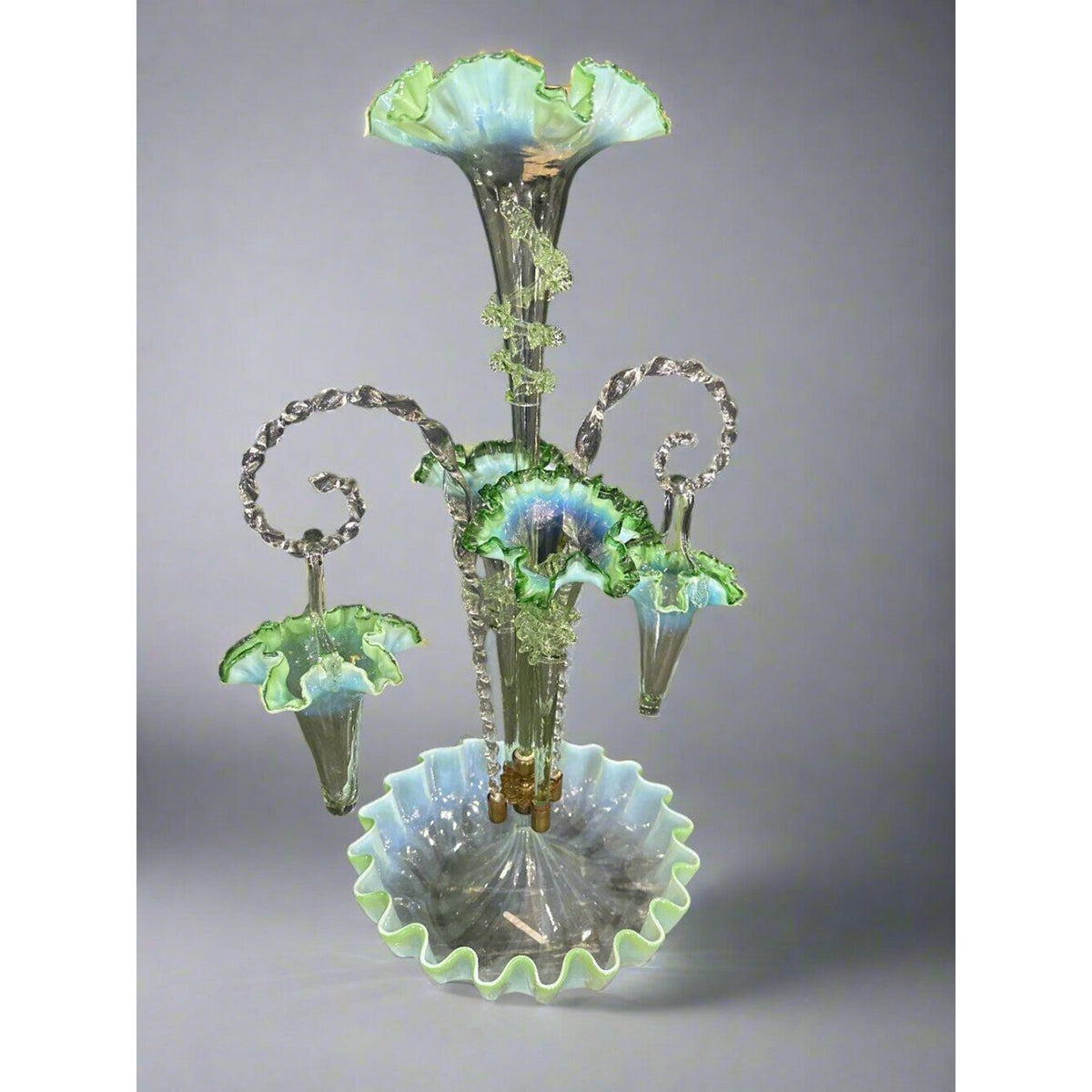 Victorian Epergne 5 horn vase with rigoree green