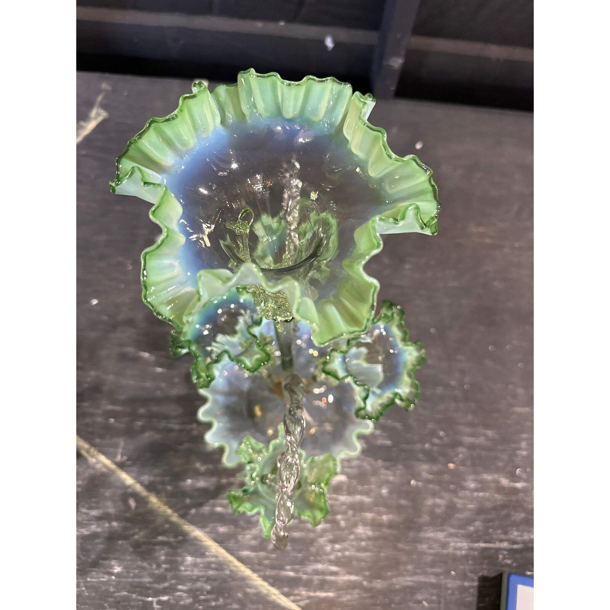 Victorian Epergne 5 horn vase with rigoree green